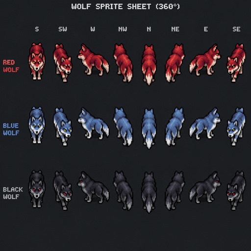Wolf for a fantasy game set in modern times, top-down style, 360, different colors