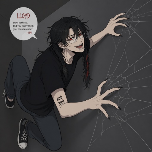 Anime white male, name Lloyd, hair messy long one loose braid,black hair with light red stripes,clean shaven,red eyes,long scary fingers spider fangs, glasses,earrings,wearing casual attire,sarcastic,sassy,laugh mockingly,traumatized,was a unwillingly experiment many years before getting rescued,no memory of his past ,has power of a spider,poisonous crawls on walls and ceiling,makes spider webs with his hands,can communicate and control spiders,on right arm a print says sub 389,doesn't remember anything from his past,very dangerous,being taken care of in a special agency.