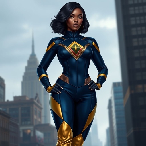 African American female superhero with hair  in a shoulder length side part hairstyle with pure Gold Glowing eyes wearing  a navy blue and gold accented suit with navy blue pants and gold knee length boots with a diamond with the top half gold and the bottom half black as her chest emblem in Philadelphia 