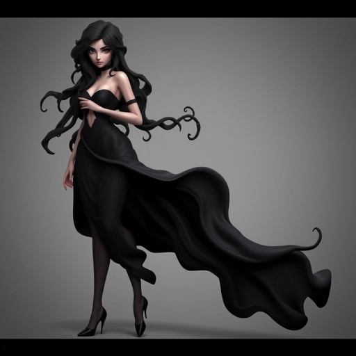 Create character hero Veyra of Shadows – A lithe, mysterious black woman draped in layered black silks that move like smoke around her. With jet-black hair. Show her whole body head to toe including her shoes.