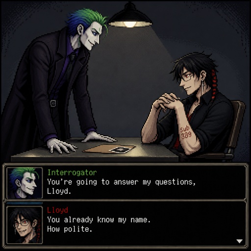 Man named venomous,tall, pale, green and blue long hair mysterious,serious . Anime white male, name Lloyd, hair messy long one loose braid, black hair with light red stripes, clean shaven,red eyes, long scary fingers spider fangs, glasses, cold, laugh mockingly, traumatized,was a unwillingly experiment many years before getting rescued, no memory of his past, has power of a spider, poisonous makes spider webs with his hands, can communicate and control spiders, on right arm a print says sub 389, doesn't remember anything from his past,very dangerous. Venomous and Lloyd are in a room across a table from each other Venomous is interrogating Lloyd trying to get him to talk about the experiment,Lloyd coldly says "I have no answer"