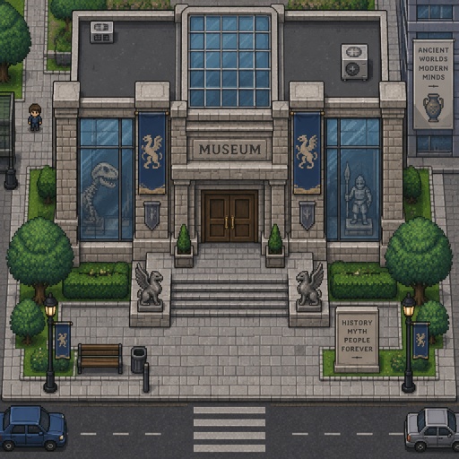 Old museum for a fantasy game set in modern times, exterior, top-down style,