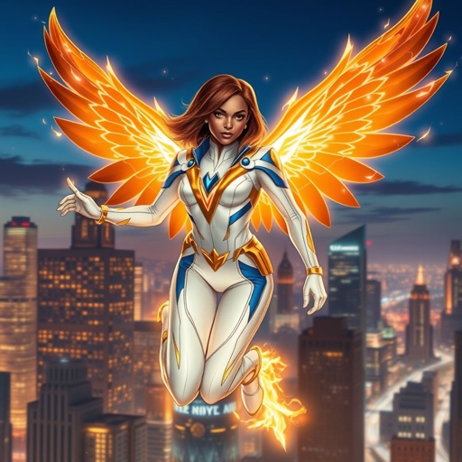 A teenage African American female superhero with brown hair with gold highlights in a shoulder length side part hairstyle with pure Gold Glowing eyes wearing a white suit with gold and royal blue with white pants and gold and white knee length boots with a utility belt with a gold V as her chest emblem with glowing wings made of white fire flying in Philadelphia