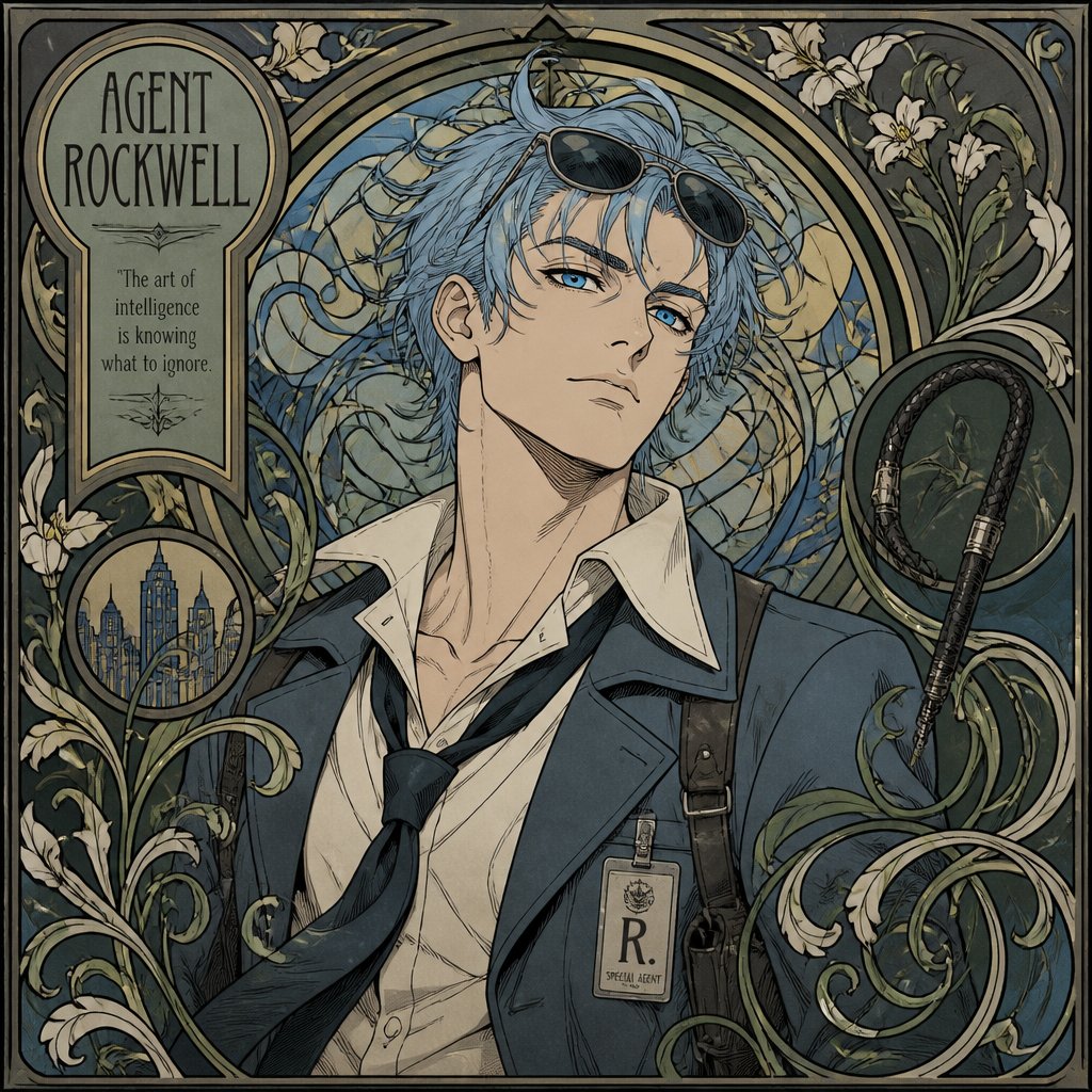 Comic Anime Agent Rockwell very poof up messy hair half side longer and drooped down hair is a light blue skin color white, very bright blue eyes, wears a suit tie is loose, he doesn't wear his jacket his collar to his shirt is uneven sunglasses on his head He's know for his mischievous and reckless behavior but takes missions very seriously is one of the best agents they have Ren is Rockwell's partner is very serious and organized opposite of Rockwell, get very annoyed at Rockwell's behavior they tend to argue with each other but Rockwell is more of having fun|
