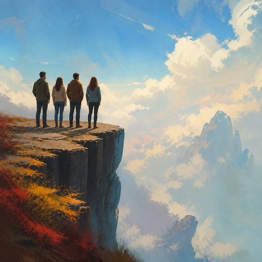 a painting of three people standing on top of a cliff