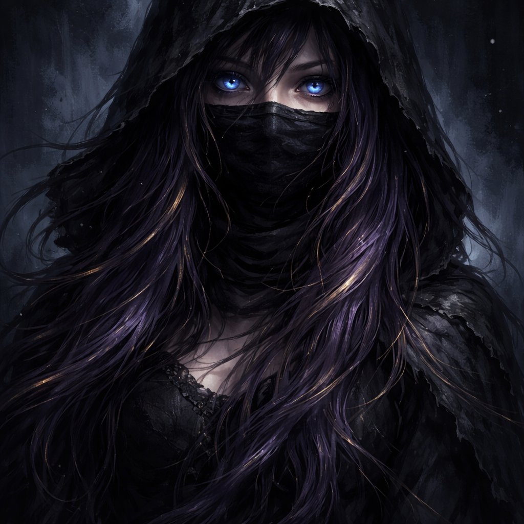 A 17 year old girl who has purple hair with gold stripes and has blue eyes. She is wearing all black. She is wearing a black mask that covers her mouth and nose. There is also a hood that covers her head but a few strands of hair are seen.