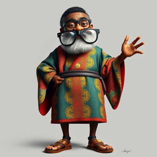 Create a funny looking African sensei. Show the whole character from head, body , legs , feet and make him serious.