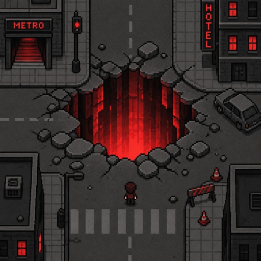 Pit with a red glow coming out of it for a fantasy game set in modern times, exterior, top-down style