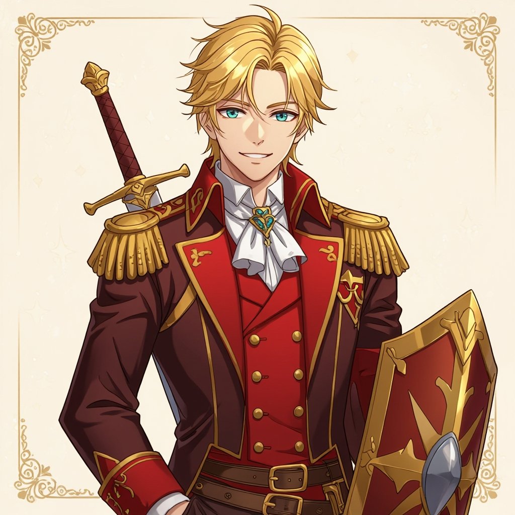 Male, human, blonde hair, smiling, happy, noble clothes, red double-breasted suit jacket, gold buttons, belt, sword and shield