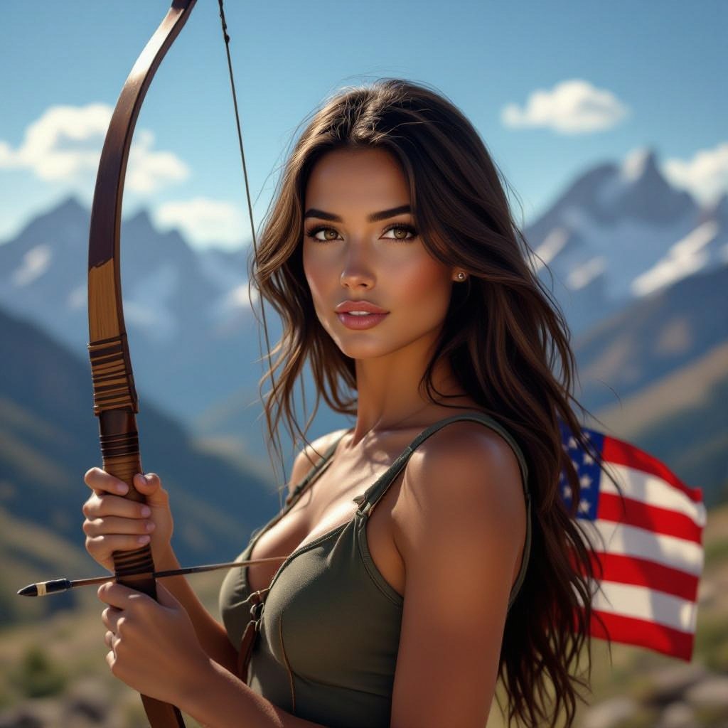 women long brown hair and brown eyes with a long bow in the mountains with the USA flag and USMC marine flag 