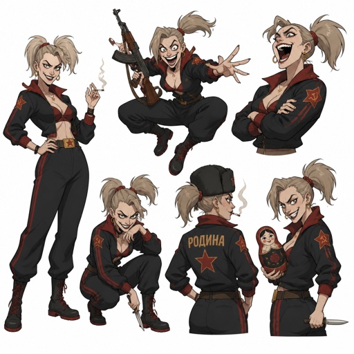 Female Villian, side ponytail, Russian , crazy, multiple of the same character