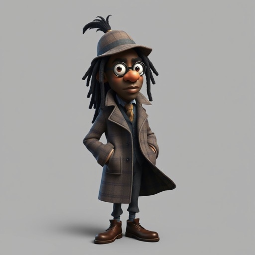 Create a funny character similar to Sherlock Holmes, but make him of black decent and with dread locks. Show his whole outfit including his shoes.