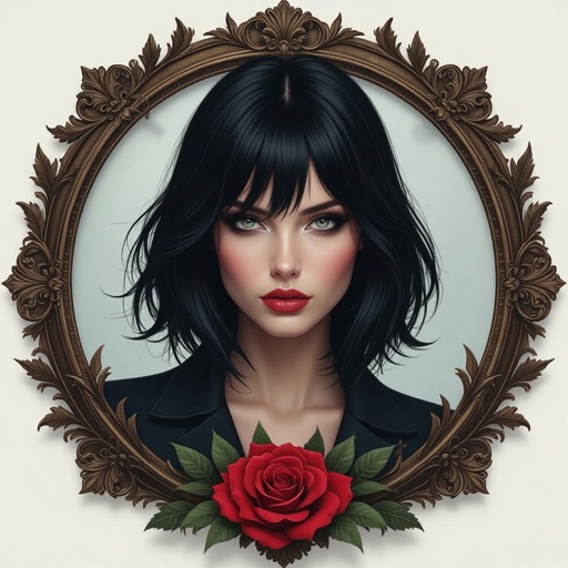 Create mysterious woman jet-black hair is cut sharpand her eyes seem to pierce through darkness. A shadowy aura clings to her form,