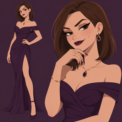 Female, slim, brown medium length smooth hair, neck length back hair, freckles, dimples, long eyeliner, bad guy, purple dress off the shoulders, jewelry, heels, wedding ring, smirk