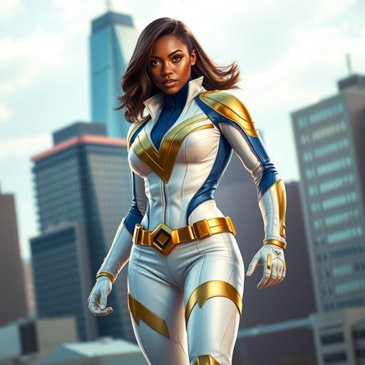 African American female superhero with hair  in a shoulder length side part hairstyle with pure Gold Glowing eyes wearing a white suit with gold and royal blue  with white pants and gold knee length boots with a utility belt with a gold V  as her chest emblem in Philadelphia 