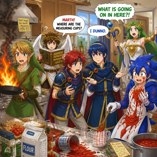 Super smash brothers link from legend of Zelda, pit from kid Icarus, and sonic the hedgehog as a human,Marth from fire emblem,Roy from fire emblem, there trying to make dinner Roy looking at the measuring cups asking Marth which one he’s supposed to do Marth shrugs and says “how should I know I’ve never cooked before, I am a prince after all” link holding pan that’s on fire, pit trying to read the cookbook but it’s upside down, human Sonic spilling tomato sauce on himself, Palutena comes into the kitchen and yells “what are you guys doing!”
