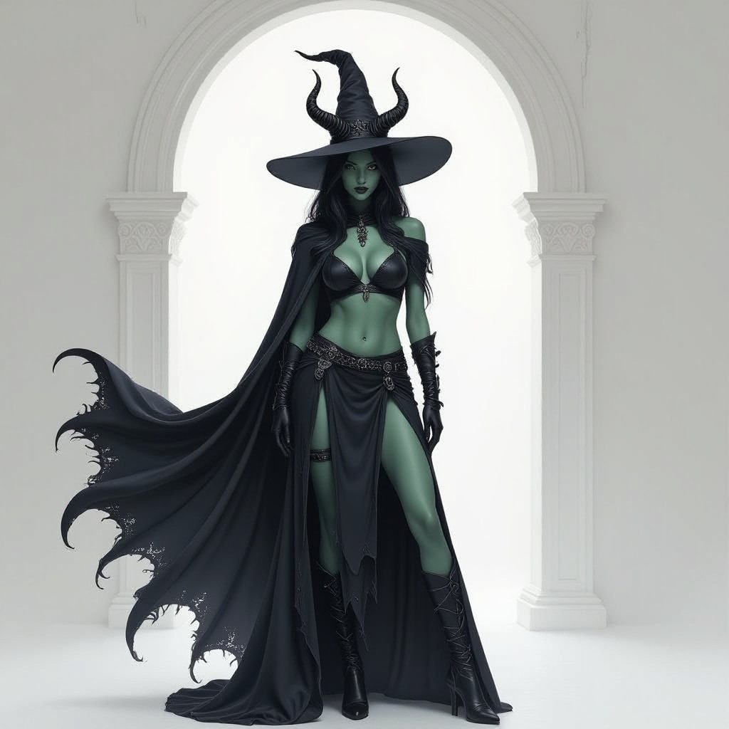 sexy shadow demon witch gypsy slate grey skin large black billowing cloak that emits darkness and shadow. Two piece. Witches Hat. Two Demon horns