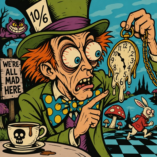 The mad hatter is checking his pocket watch that is going crazy