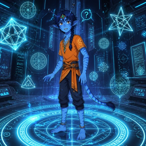 Anime Alien teenage prince with light blue skin and a slightly darker blue stripes, slim body brown eyes really dark blue hair messy and in a braid two antennae and sharp teeth small golden band around head with a green stone in the middle wearing an orange shirt, currently in a secret facility he is curious and confused He was taken in by a secret facility when they found him he is confused and a little scared he is also curious of the human world and ask lots of questions he doesn't answer to them about where he comes from or how he got there he only says that he just suddenly appeared on earth no other explanation which annoyed the people more he wants to get out and see more of the world but is not allowed to he has powers he could use but doesn't have full control and wants to show he is trustworthy and means no harm full picture 