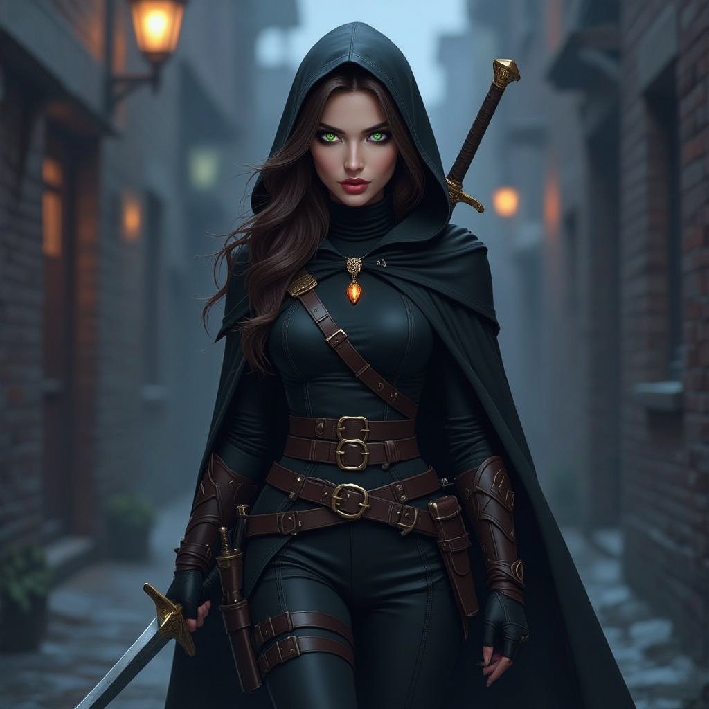 Human woman. Brown long hair and green big eyes. She wears a black cape. A wear  black turtleneck and black pants. She has a belt on which he carries daggers and swords. She wears high, heavy boots. She carries a short sword. She has a long sword on his back. She wears a hood. It's night. A dark alley. The screen is from below. A woman approaches us. A cold expression appears on her face. An amber necklace gleams around her neck. She wearing black armor. The woman is pale. She has a delicate beauty. Her eyes are painted black. She looks menacing. pale complexion. Shes not beautifull. She have 25 years old. 
