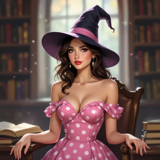 Dark Brown Hair Elf Witch Librarian in Witches Hat. Tight Strapless pink polka mini dress pencil skirt
