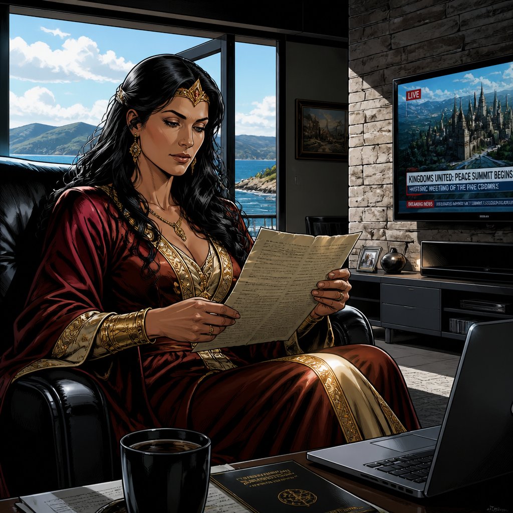 Highly realistic, intense colors, no speech bubbles a tall woman mid 40s long black hair with a tiara, dressed in renaissance robes is reading a document she is sitting in a modern den with flatscreen TV laptop overlooking the sea