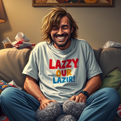 Create mid 30 character who is lazy as heck. And you could tell from his face and his entire outfit. Make is funny and the style of the graphic photographic