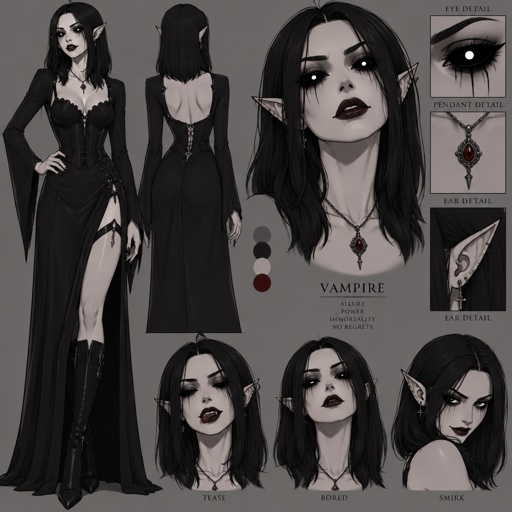 Female, straight black shoulder length hair, no bangs, vampire, white skin, completely black big eyes, white pupils, dripping mascara, dark lipstick, necklace pendant, sassy, pointy ears, concept,