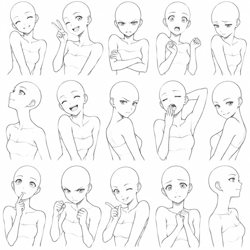 Different face expressions female thin half body drawing base, dynamic, bald, head face expressions