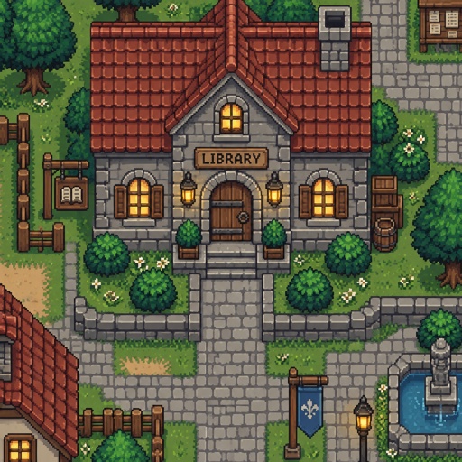 Village library for a modern fantasy game, exterior, top down style