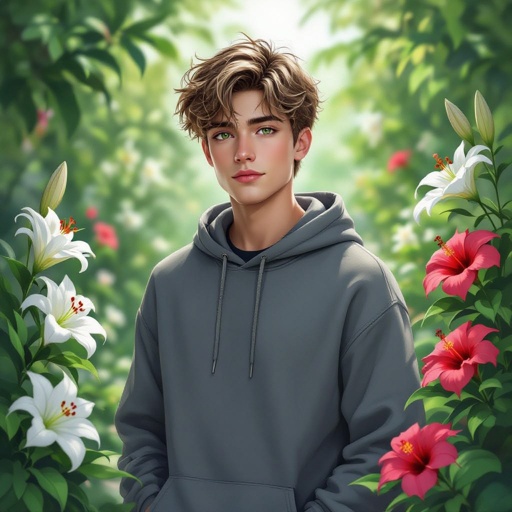 A 19-year-old young man standing in a lush garden filled with lilies and hibiscus flowers. He has short, tousled dirty blonde hair and striking green eyes laced with gray, as if wearing contacts. His skin is olive-toned, his face youthful but defined with a sharp jawline. He’s wearing a casual gray hoodie with his hands in his pockets, gazing off into the distance with a thoughtful, moody expression. Soft, cinematic lighting, realistic detail, slightly dramatic atmosphere.