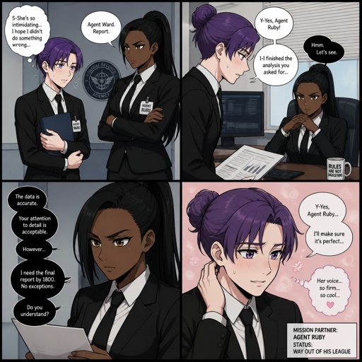 Anime style, Agent Ward hair violet nice bun, clean shaven, nice,cares about partner,shy, good at his job,likes his partner but to scared to admit it,is smart ,his partner Ruby she's dark skin serious ,intimidating,plays by the rules makes sure she gets all the answers,as a comic