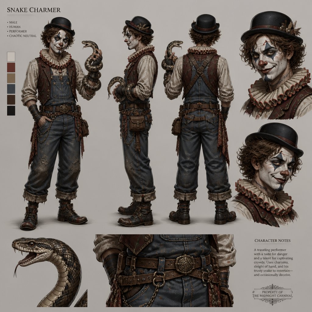 Male, clown makeup, smirk, bowler hat, overalls, clown neck ruffles, vest, curly brown hair, holding snake, multiple belts, multiple of the same character