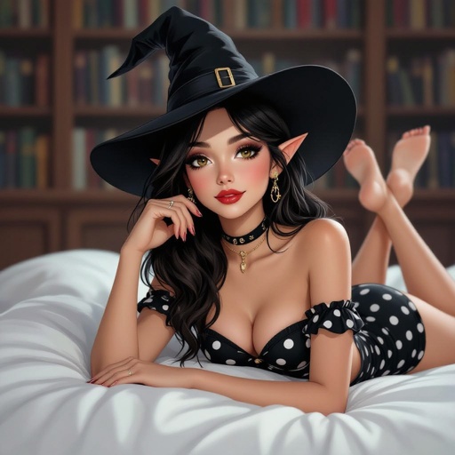 Dark Brunette Elf Witch Librariani with With Hat.  Strapless Bathing Suit Top and Black and white Polka Dot Mini Pencil Skirt laying on Library Bed