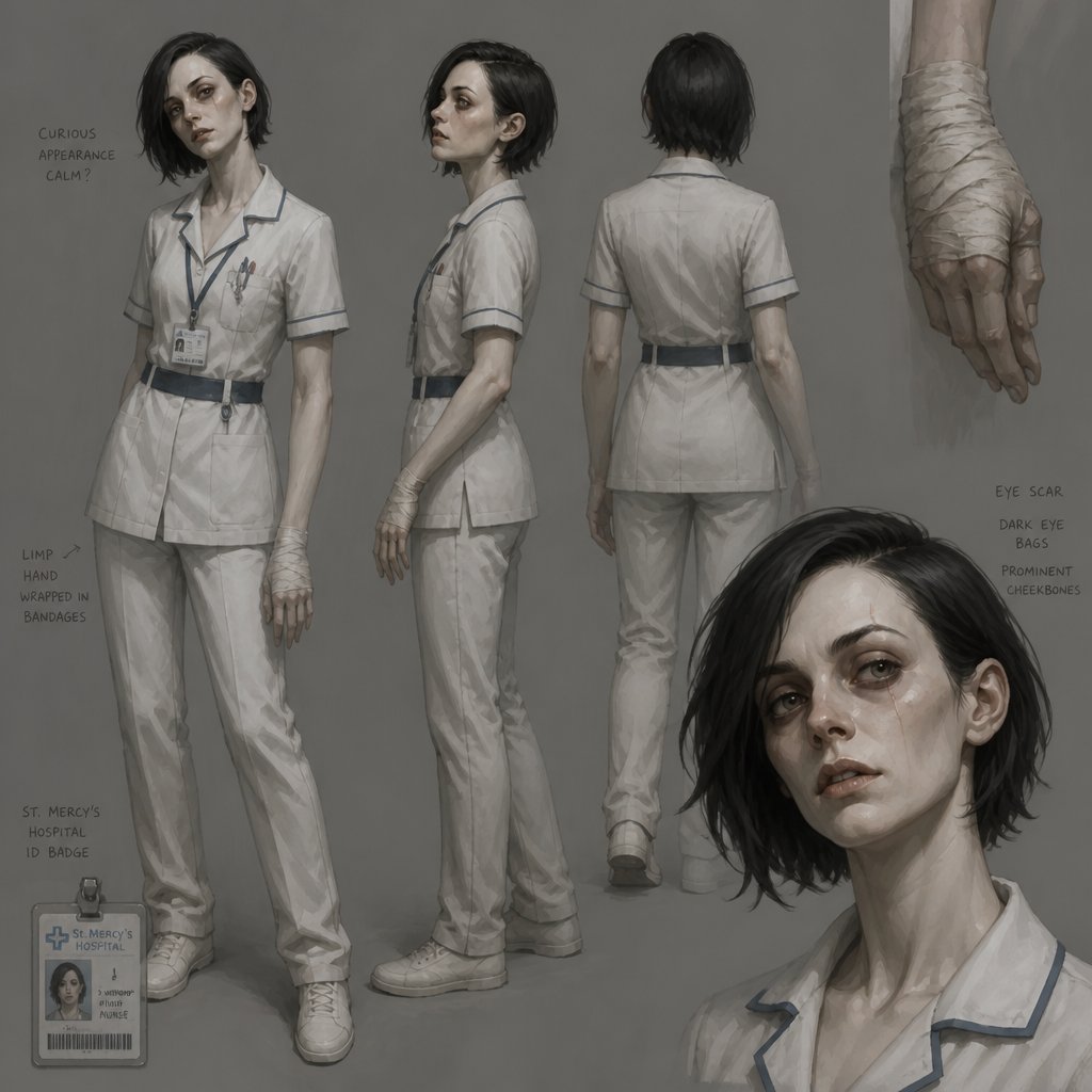 Female, extremely pale, modern nurse uniform , curious expression, side swept neck length black hair, scar over eye, cheek bones, limp hand wrapped in bandages, dark eye bags, multiple of the same character