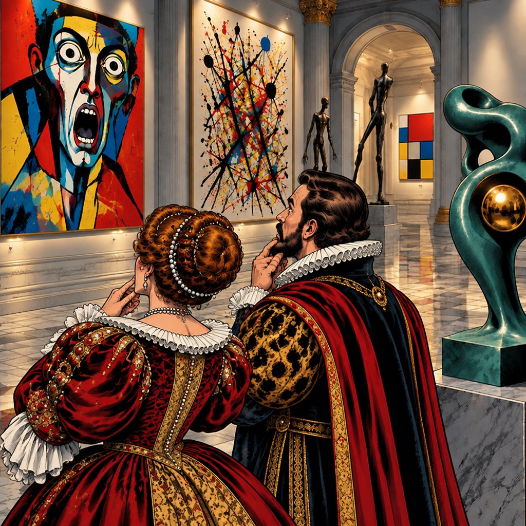 a painting of a man and a woman looking at art