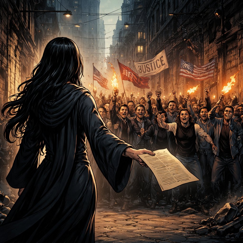 Realistic, refined, no caricature no speech bubbles on the right side we see a large, angry crowd of men and women looking at her, waving flags and banners on the left 3/4 from the rear is a tall, slim woman with long black hair in a robe her hand is extended holding a document we see your 3/4 from the back it is dark in the alleyways of the city.