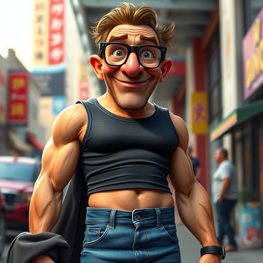 Create a funny looking man who’s jeans and tank top is so tight head to toe