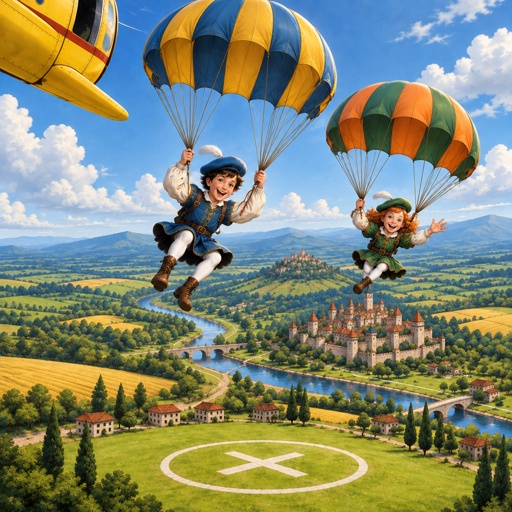 a painting of two people in the air with parachutes