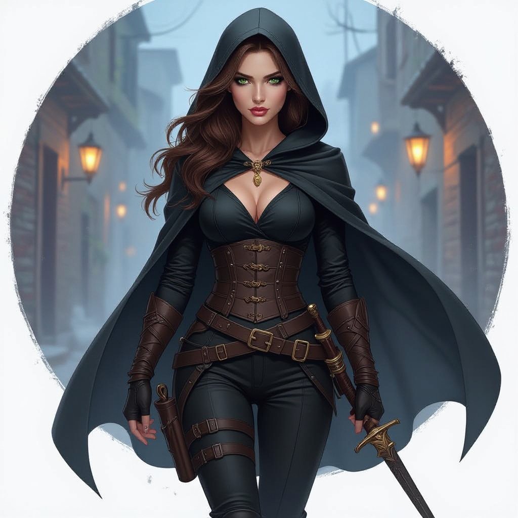 Human woman. Brown long hair and green big eyes. She wears a black cape. A tight black blouse and black pants. She has a belt on which he carries daggers and swords. She wears high, heavy boots. She carries a short sword. She has a long sword on his back. She wears a hood. It's night. A dark alley. The screen is from below. A woman approaches us. A cold expression appears on her face. An amber necklace gleams around her neck. She wearing black armor. The woman is pale. She has a delicate beauty. Her eyes are painted black. She looks menacing. pale complexion She wears armor and a black turtleneck.