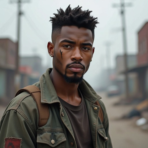 A an African-American 20 year old male with a lowboy haircut and a growing goatee