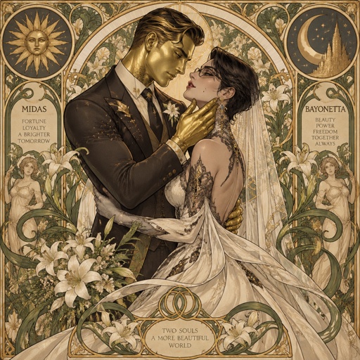 Midas from Fortnite, Bayonetta from super smash bros with short hair, getting married