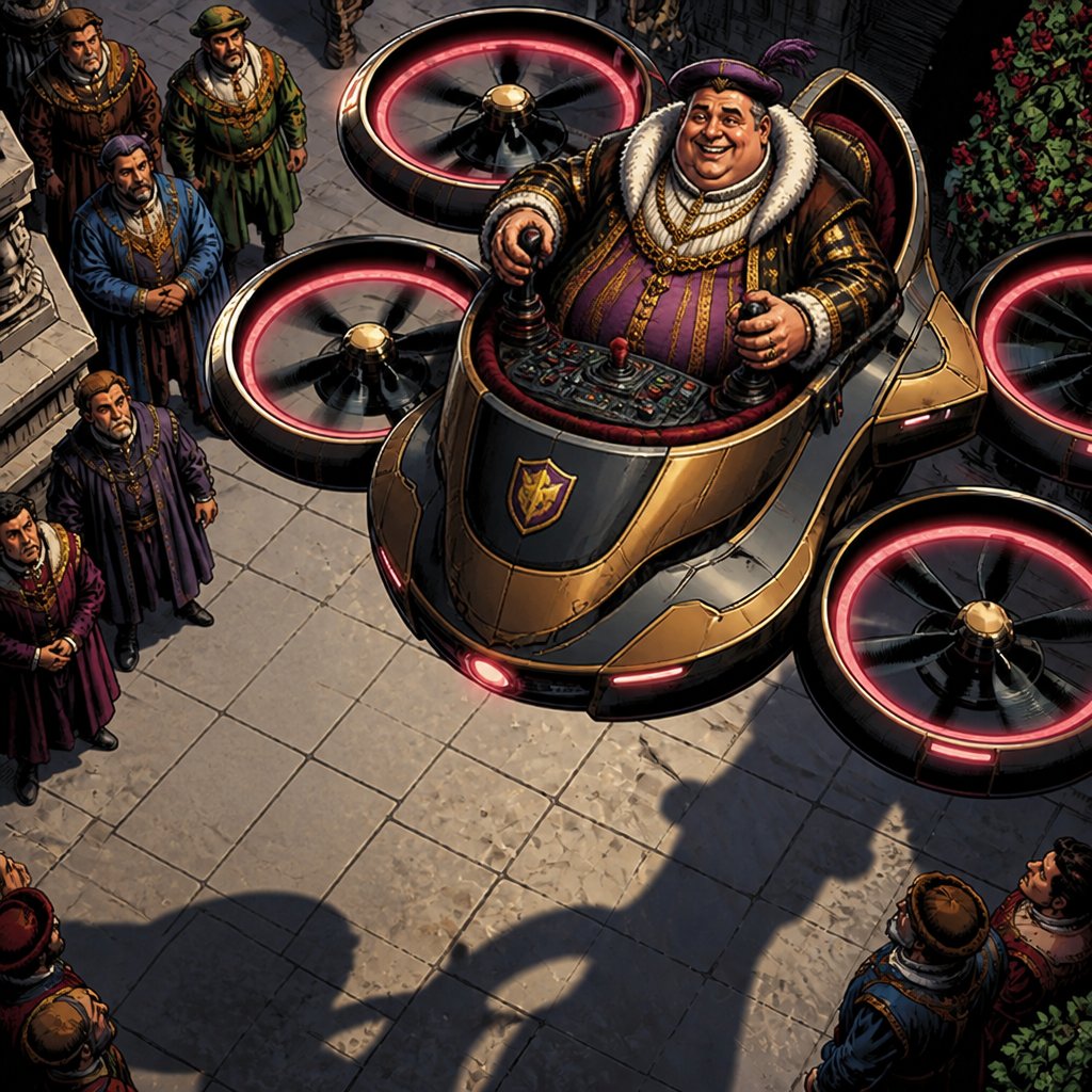 a man in a flying vehicle surrounded by people