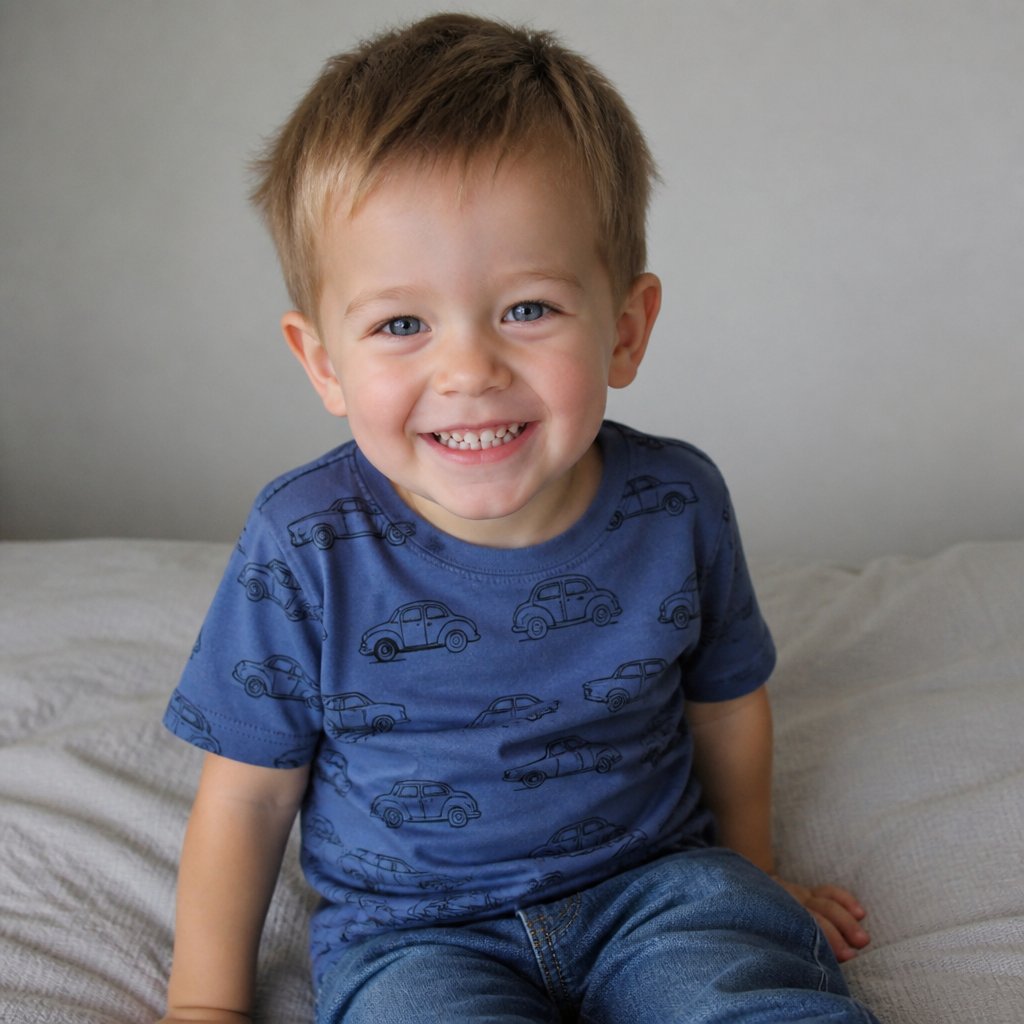 A 3 year old boy who has dark blonde hair and dark blue eyes. He is wearing a blue shirt that has cars on and blue jeans. He has the biggest smile and he looks really cute.
