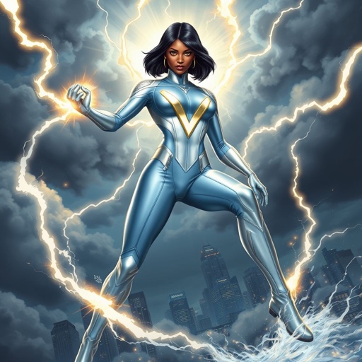 African American female superhero with hair in a shoulder length side part hairstyle with pure Gold glowing eyes wearing a leather light blue white and silver suit with light blue pants and silver boots and a V as her chest emblem controlling a storm in Philadelphia