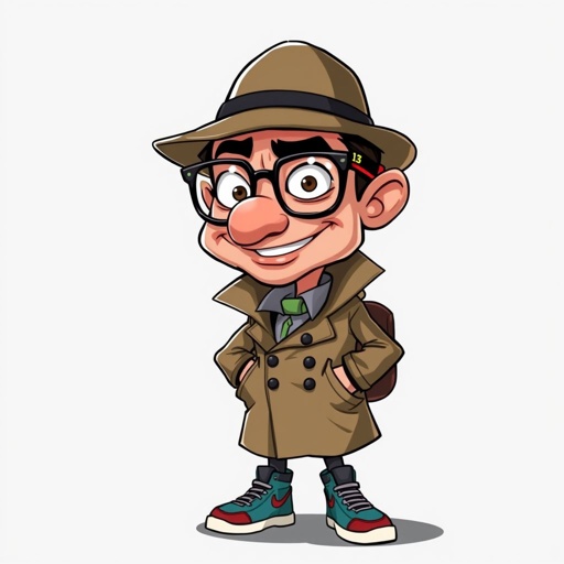 Create a character who is a goofy looking detective, who is confident. But funny looking and grouchy . With cool shoes on.