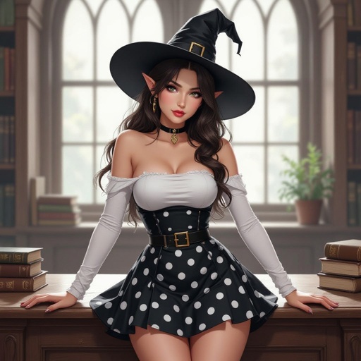 Tight Black and White Polka up Dot Miniskirt Elf Witch Librarian with Brunette Hair. Tight white tube top and witches hat. Laying on top a library counter. Battle Damaged clothes