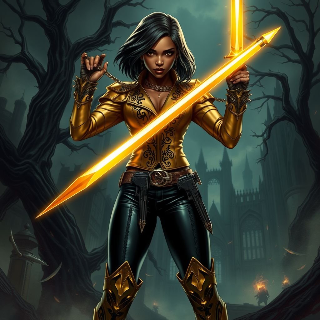 A teenage African American female with shoulder length hair  in a side part style wearing an armored gold leather jacket with black accents black leather pants and gold boots holding a glowing golden sword with a gun belt and two guns on her hips