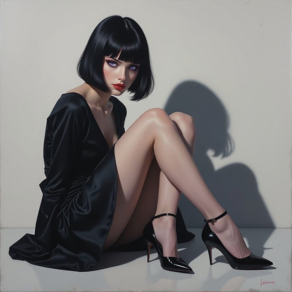 Show her shoes and entire body. Create mysterious woman jet-black hair is cut sharp to her jawline, and her violet eyes seem to pierce through darkness. A shadowy aura clings to her form, faint shapes shifting and flickering behind her like whispers of another realm. Show whole body head to toe