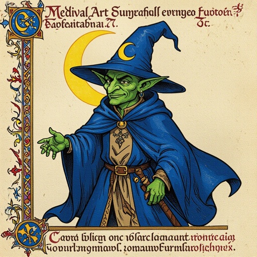 A Goblin mage with a blue cloak and a pointy wizard hat with a yellow crescent moon on the robe and hat